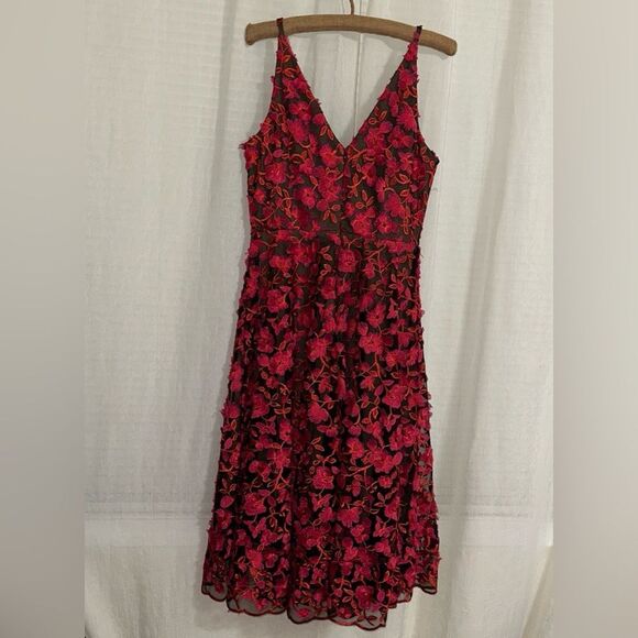 Dress the Population L Elisa Fuchsia Coral Black Tulle V-Nevk & Back Zip Dress - Picture 8 of 17